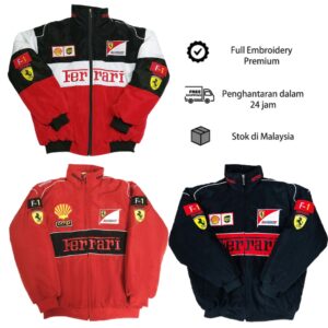 F1 Ferrari Racing Jacket Embroidery Long Sleeve: Jaket Windbreaker Nipis Tanpa Padding Cotton Sesuai untuk Cuaca Malaysi
