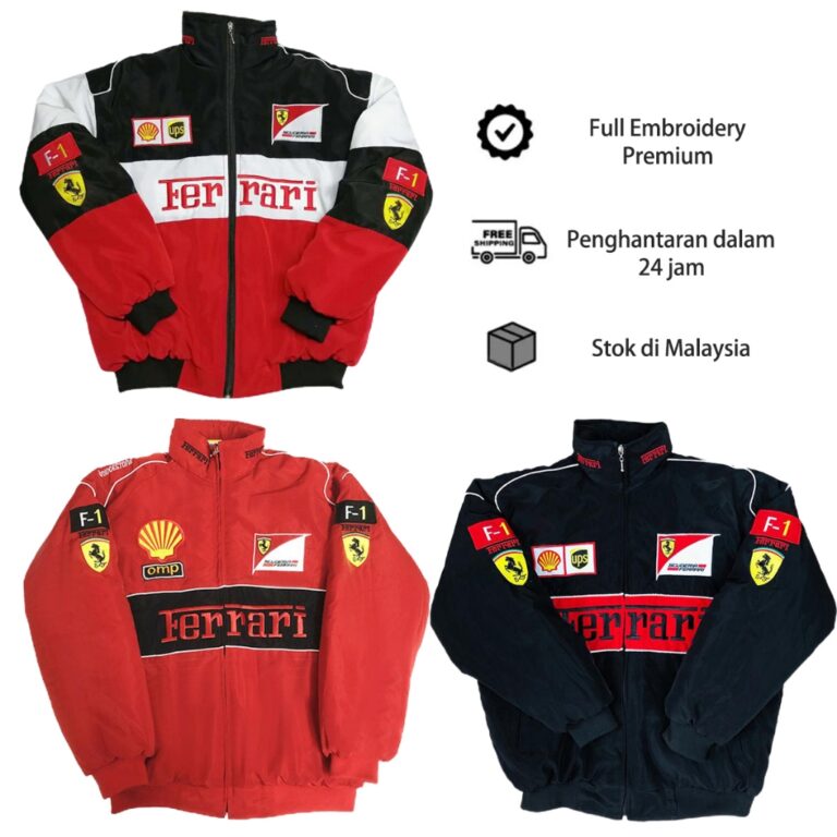 F1 Ferrari Racing Jacket Embroidery Long Sleeve: Jaket Windbreaker Nipis Tanpa Padding Cotton Sesuai untuk Cuaca Malaysi