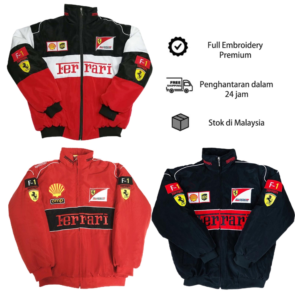 F1 Ferrari Racing Jacket Embroidery Long Sleeve: Jaket Windbreaker Nipis Tanpa Padding Cotton Sesuai untuk Cuaca Malaysi