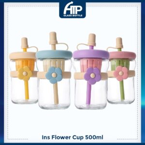 500ml ATP Glass Bottle Cawan Macaroon Glass Cup dengan Straw dan Separation