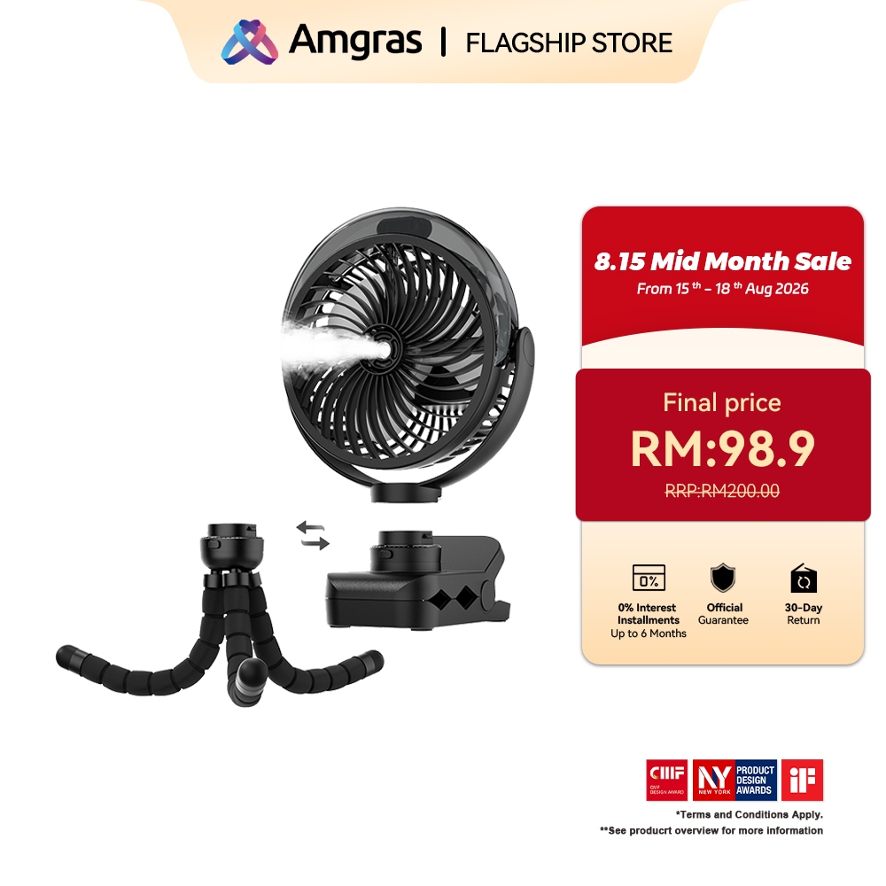 Kipas Mini Mudah Alih Amgras Stroller Baby dengan Tripod Fleksibel dan Bateri 6000mAh