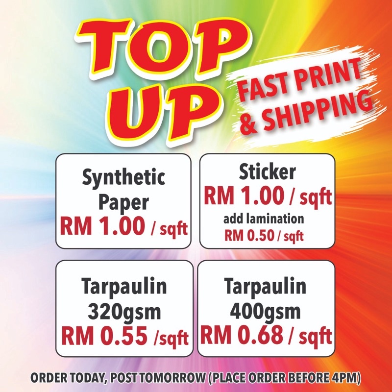 Banner, Bunting, Sticker dan Lain-Lain Perkhidmatan Cetakan dan Top Up