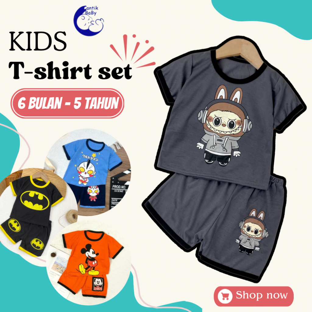 CantikBaby Kids T Shirt: Set Baju Harian Kanak-Kanak Short Sleeve dan Short Pants