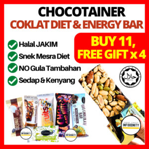 CHOCOTAINER Energy Bar No Sugar Free Dark Chocolate Halal Pilihan Snek Sihat Tanpa Gula