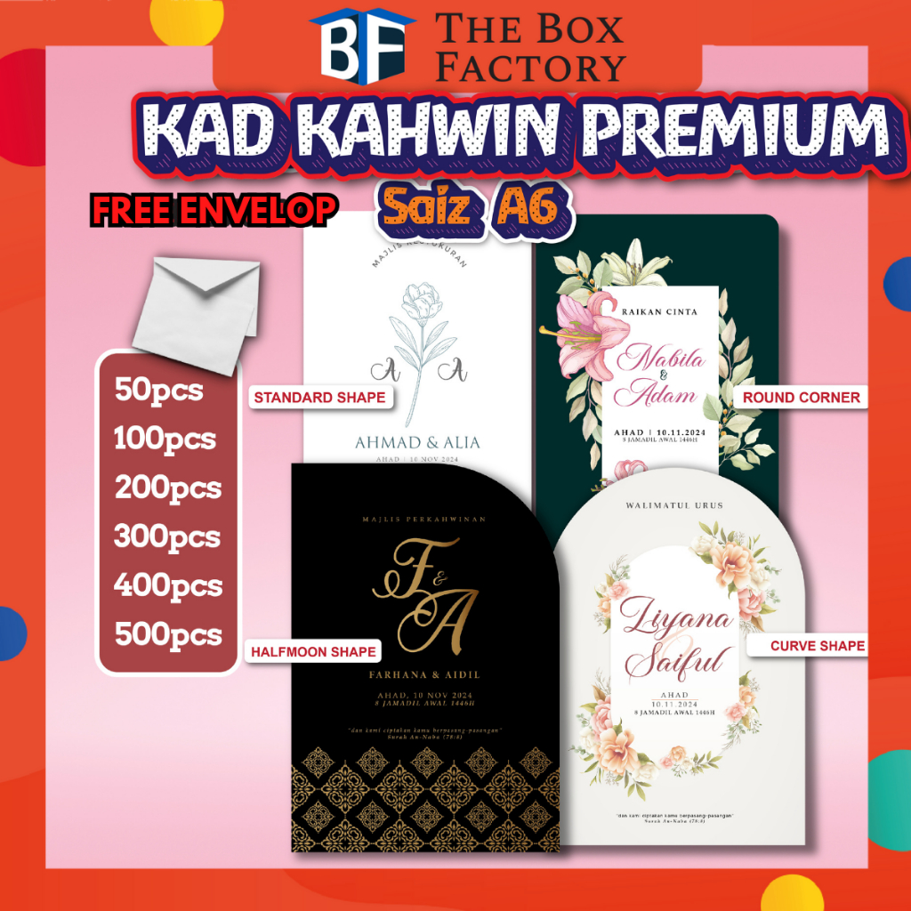 A6 Kad Kahwin Digital Print dengan Sampul Percuma