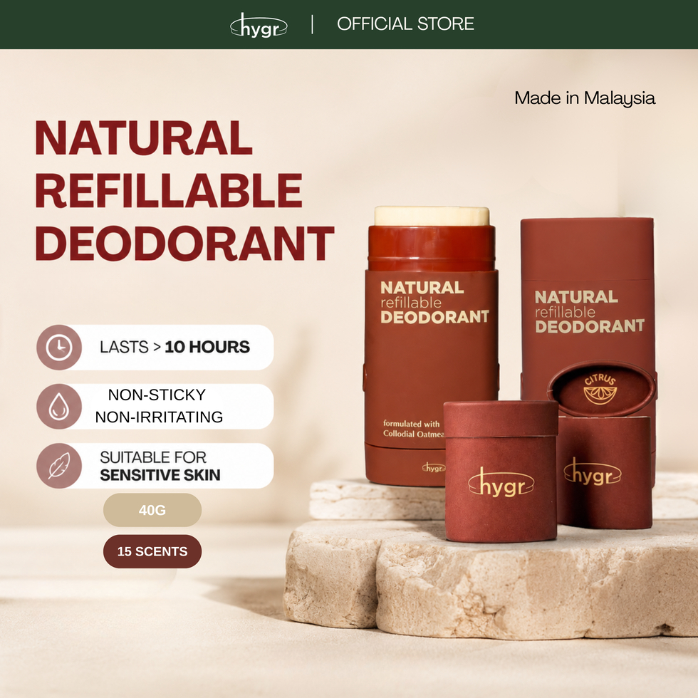 HYGR Natural Refillable Deodorant Stick 40g untuk Kawalan Bau Badan
