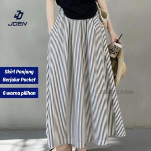JDEN Skirt Panjang Baggy Berjalur Pilihan Gaya Santai Wanita