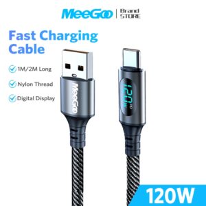 Kabel Pengecas Pantas MeeGoo 120W Nylon Braided dengan Paparan Digital