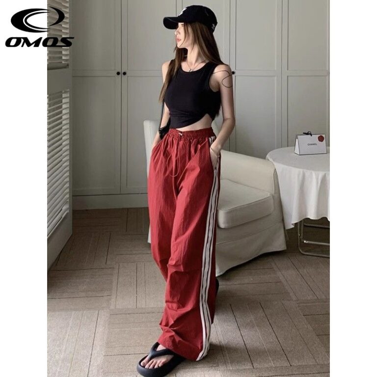 OMOS Fashion American Style Loose Wide Long Pants Women
