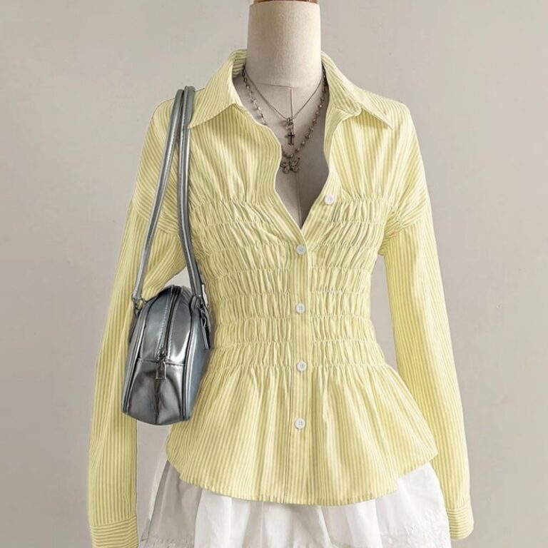 Slim Fit Waist Revealing Yellow And White Striped Shirt For Women