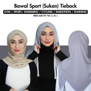 Tudung Sports Bawal Sukan Tie Back Instant Tali Floise Ironless