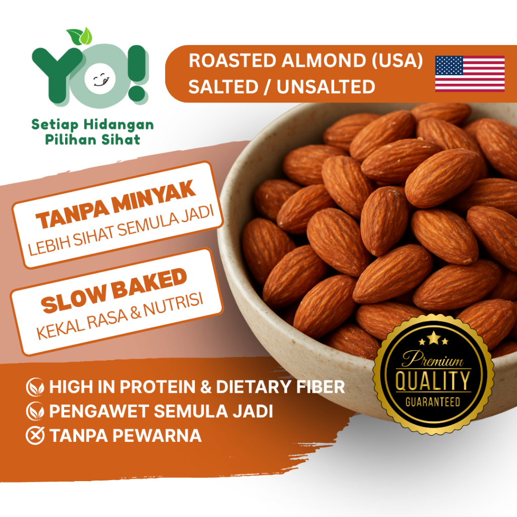 YoHealthy Roasted Almond Nut SALTED / UNSALTED: Pilihan Snek Badam Panggang TANPA Minyak