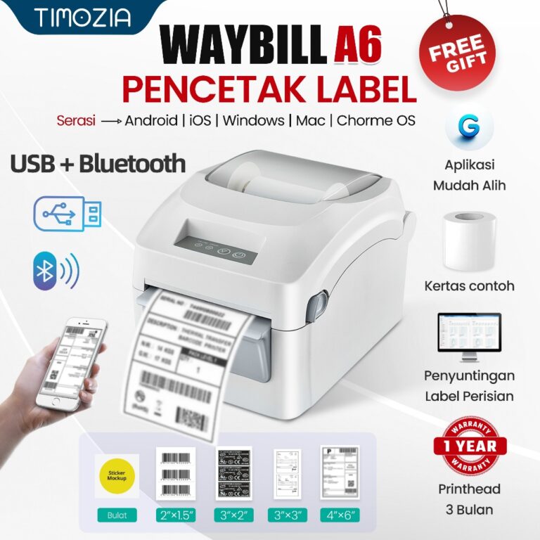 TIMOZIA Bluetooth Thermal Printer: Cetak Label dan Waybill Tanpa Wayar
