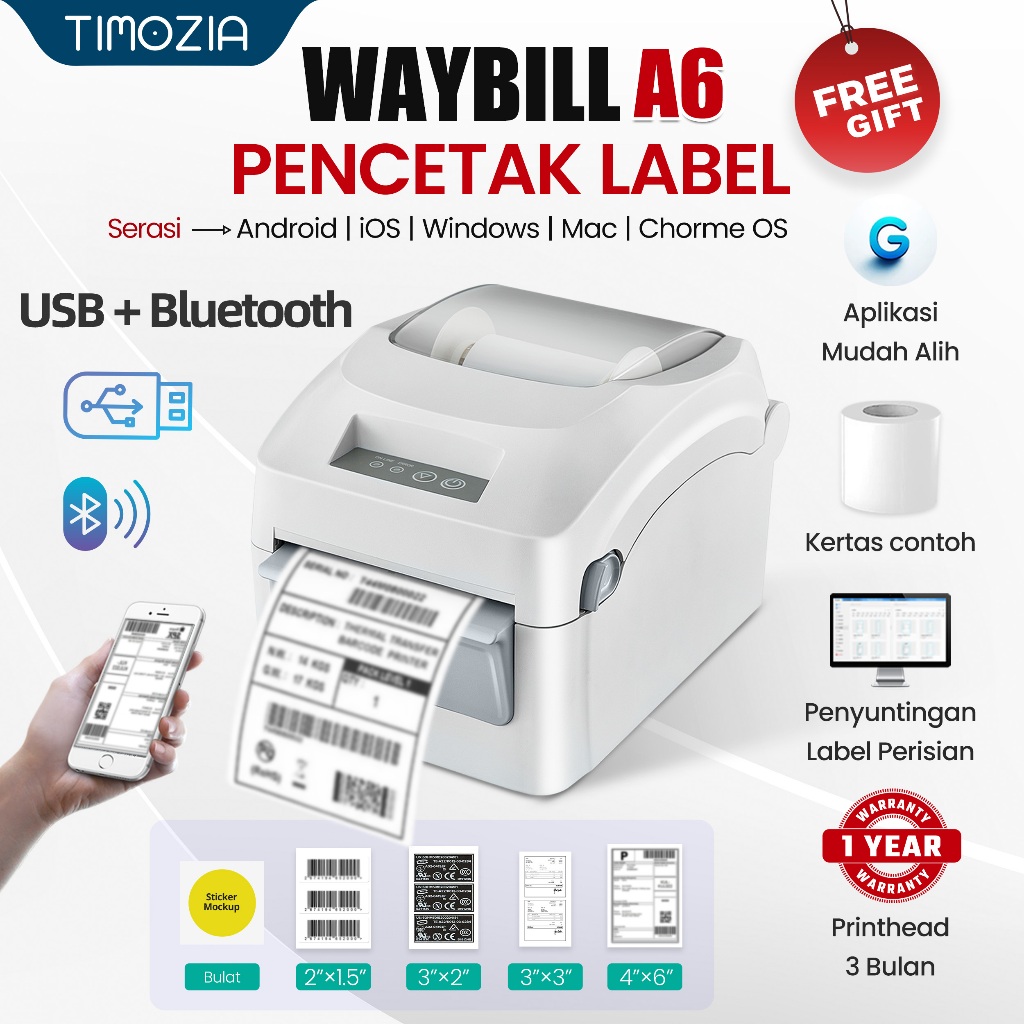 TIMOZIA Bluetooth Thermal Printer: Cetak Label dan Waybill Tanpa Wayar