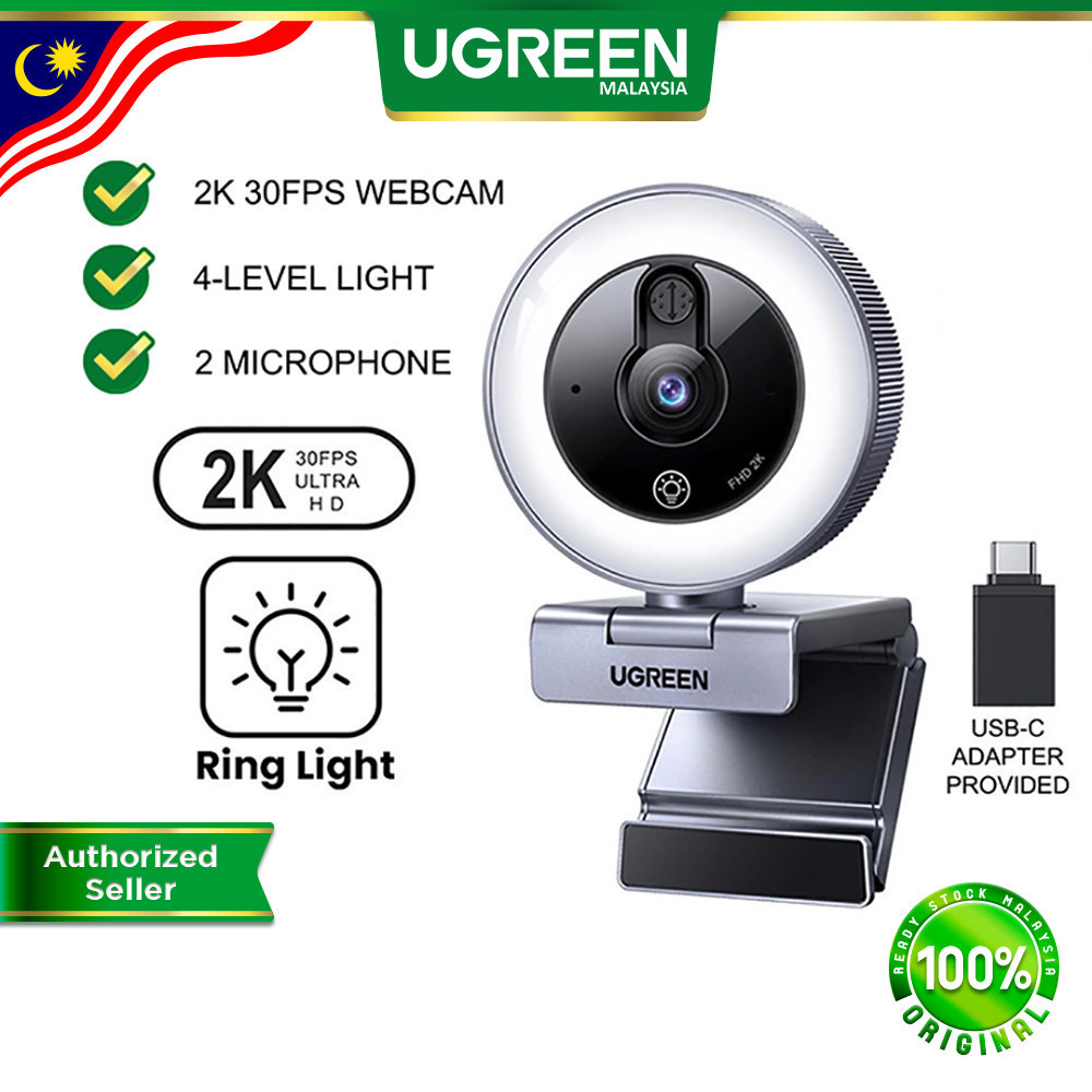 Kamera Web UGREEN 2K 30FPS Berserta Lampu Cincin untuk Panggilan Video