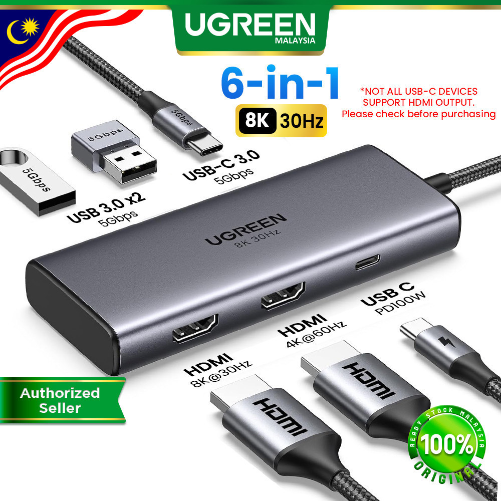 UGREEN 6-In-1 USB-C Hub Dual Display: Fungsi Dua HDMI, Pd 100W dan Keserasian Peranti