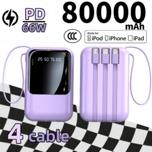 Powerbank 80000mah Mini dengan 4 Kabel Terbina dan Pengecasan Pantas