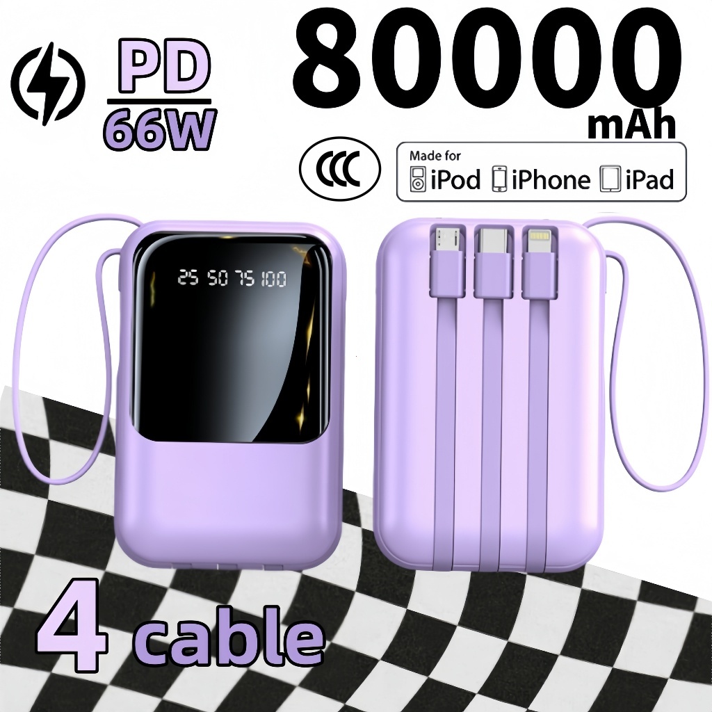 Powerbank 80000mah Mini dengan 4 Kabel Terbina dan Pengecasan Pantas