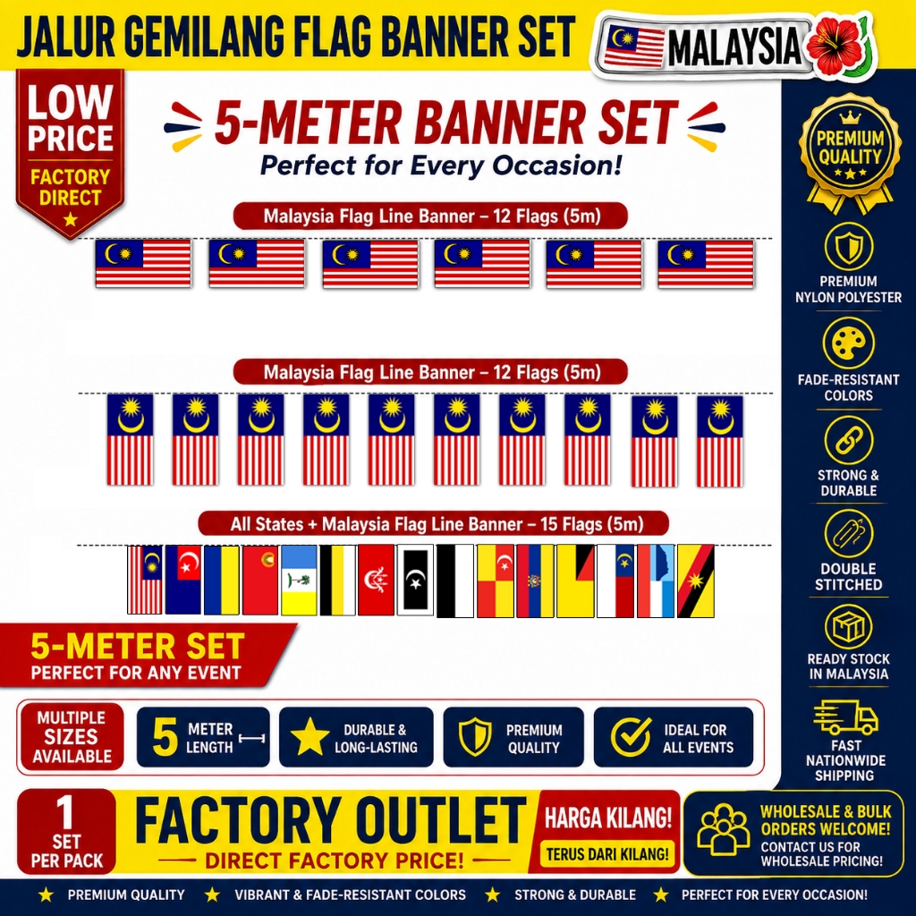 Bendera Malaysia 5 Meter dan Pilihan Varian untuk Hiasan Merdeka