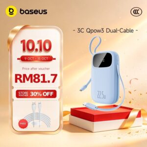 Baseus Qpow3 Power Bank: Pilihan Kapasiti 10000mAh dan 20000mAh dengan Kabel Boleh Tarik