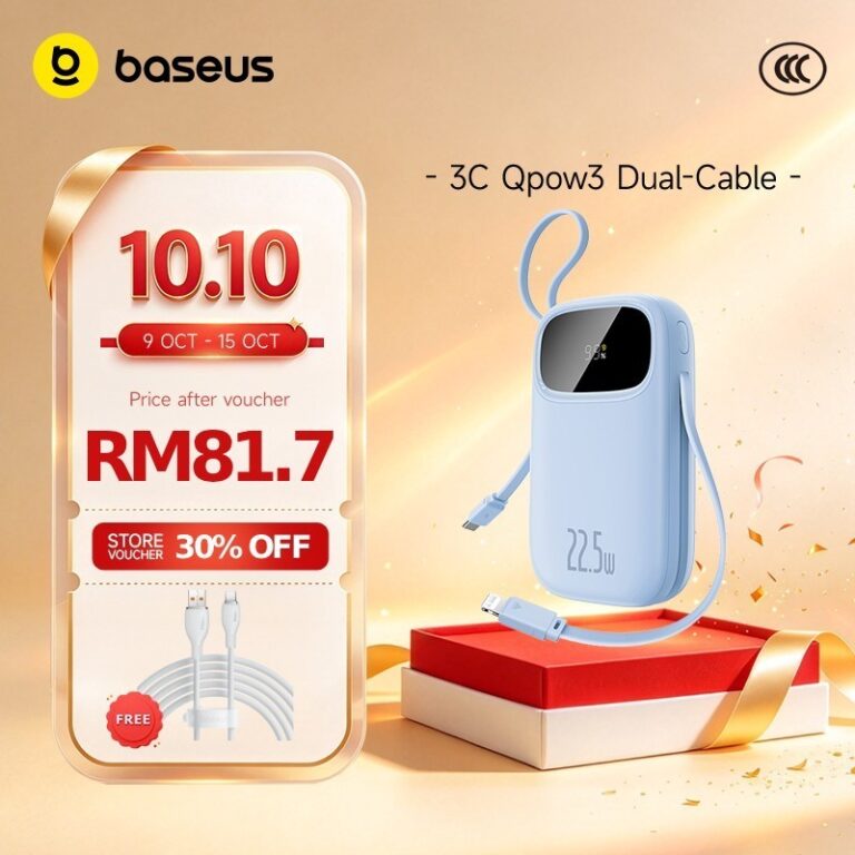 Baseus Qpow3 Power Bank: Pilihan Kapasiti 10000mAh dan 20000mAh dengan Kabel Bawaan