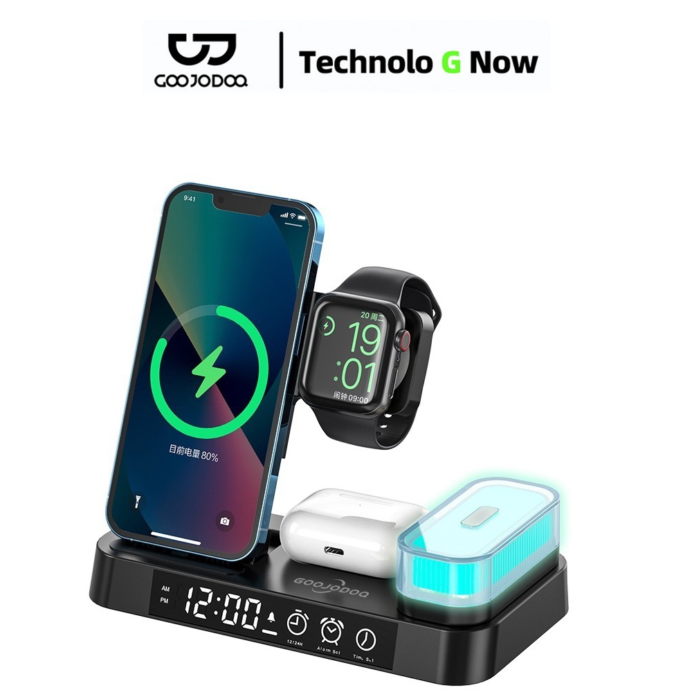 GOOJODOQ 3 In 1 Wireless Headphone Charger dengan Jam Penggera dan Lampu Malam