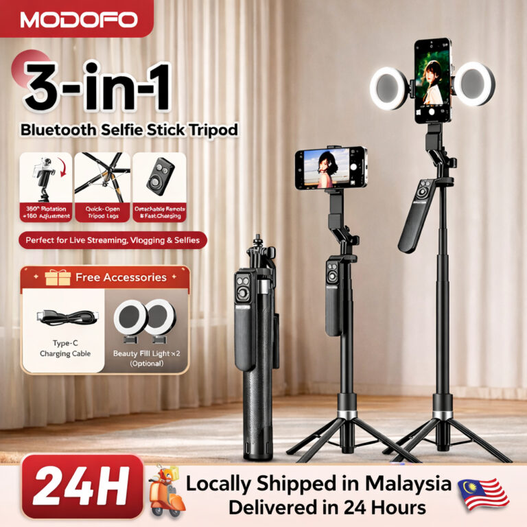 Tripod Selfie Stick MODOFO 180CM dengan Kawalan Jauh Bluetooth dan Pilihan Lampu Led