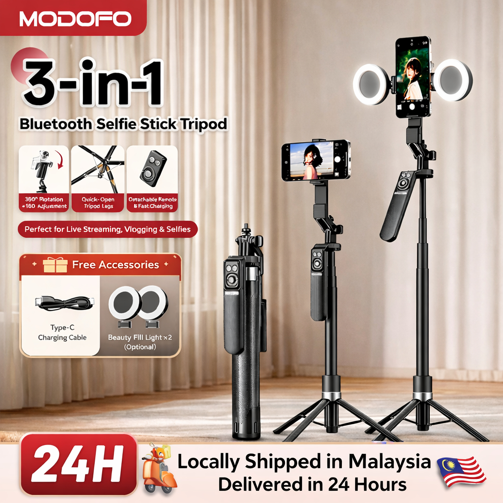Tripod Selfie Stick MODOFO 180CM dengan Kawalan Jauh Bluetooth dan Pilihan Lampu Led