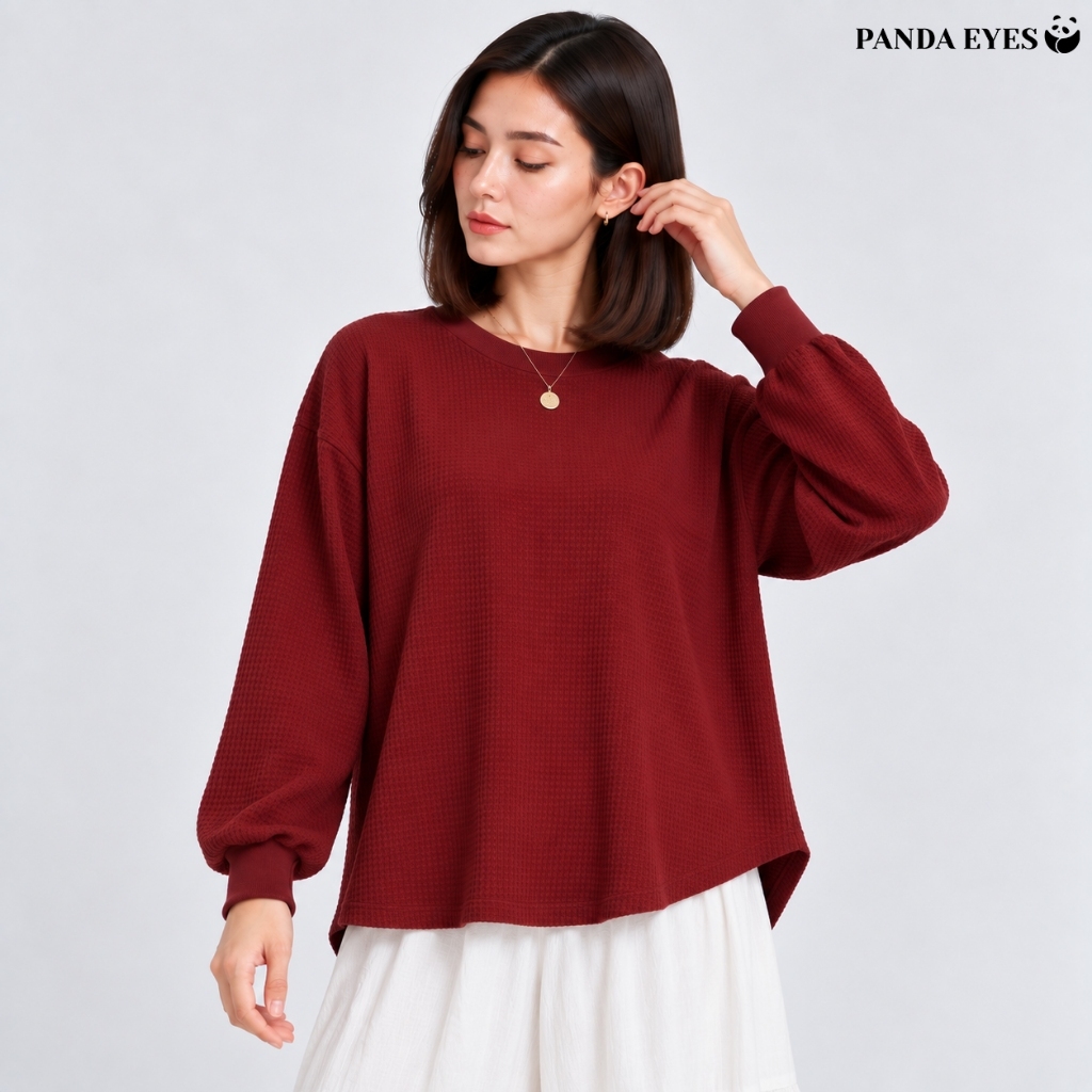 PANDAEYES JINA Waffle Blouse: Rekaan Longgar dan Selesa