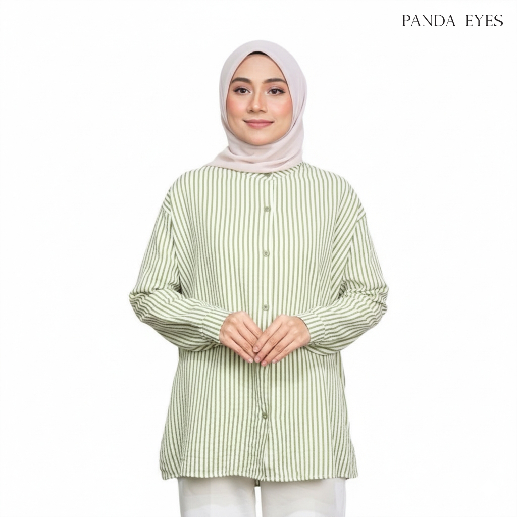 PANDAEYES KEMEJA ALLYSA Ironless, Potongan Loose Stripe untuk Harian dan Pejabat