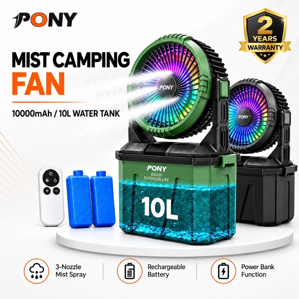 PONY Portable Outdoor Mist Fan (10000mAh/10L): Kipas Mudah Alih dengan Semburan Kabus