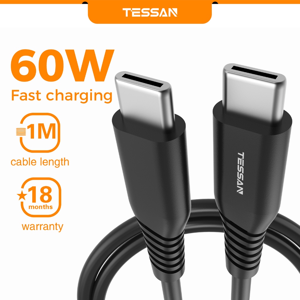 Kabel Pengecas TESSAN 60W USB-C ke USB-C 1 Meter