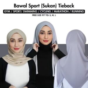 Tudung Sports Bawal Sukan Tie Back Instant Tali Floise Ironless