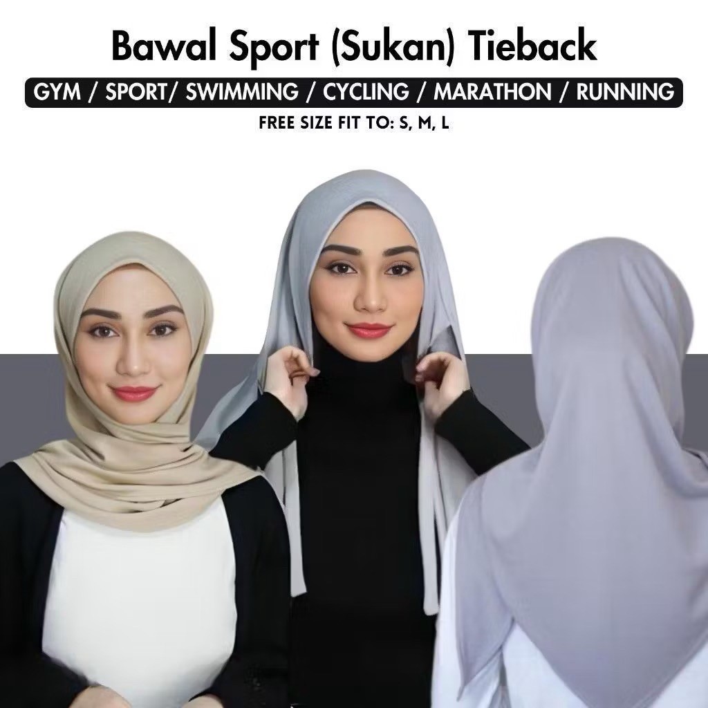 Tudung Sports Bawal Sukan Tie Back Instant Tali Floise Ironless