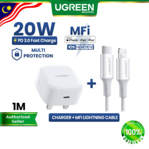 Pengecas Pantas UGREEN 20W PD USB-C Berserta Kabel Lightning Mfi